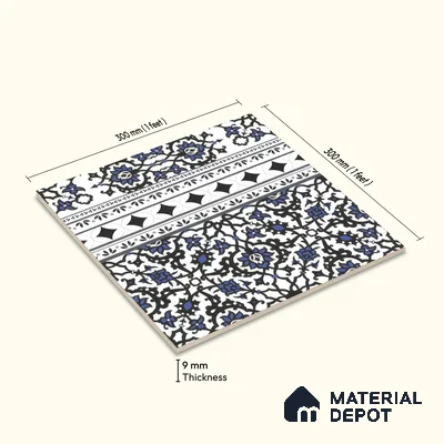 Moroccan Carpet Floor Tile TL 00203 B Border Blue 1 ft x 1 ft Matte Finish Ceramic Tile - 9 mm | Suitable For Living Room, Kitchen, Dining Area | Please Expect a Slight Variation of Pattern