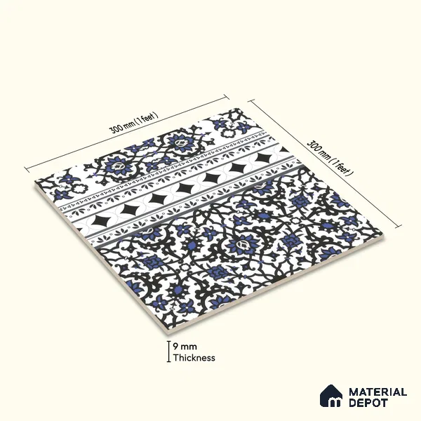 Moroccan Carpet Floor Tile TL 00203 B Border Blue 1 ft x 1 ft Matte Finish Ceramic Tile - 9 mm | Suitable For Living Room, Kitchen, Dining Area | Please Expect a Slight Variation of Pattern