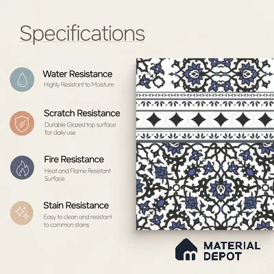 Moroccan Carpet Floor Tile TL 00203 B Border Blue 1 ft x 1 ft Matte Finish Ceramic Tile - 9 mm | Suitable For Living Room, Kitchen, Dining Area | Please Expect a Slight Variation of Pattern