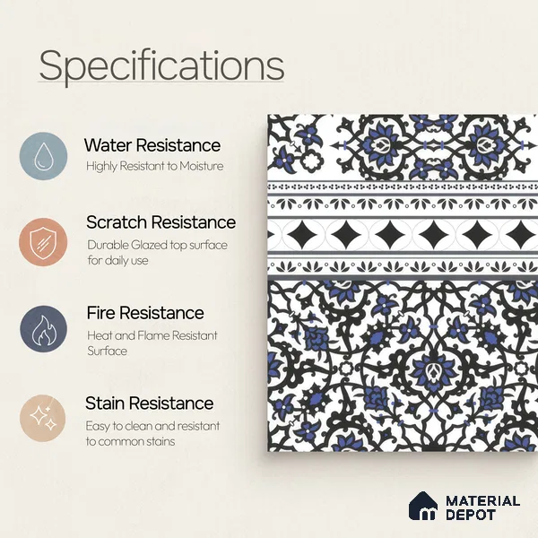Moroccan Carpet Floor Tile TL 00203 B Border Blue 1 ft x 1 ft Matte Finish Ceramic Tile - 9 mm | Suitable For Living Room, Kitchen, Dining Area | Please Expect a Slight Variation of Pattern