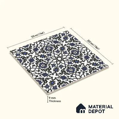 Moroccan Carpet Wall & Floor Tile TL 00203 C Centre Blue 1 ft x 1 ft Matte Finish Ceramic Tile - 9 mm | Suitable For Living Room, Kitchen, Bathroom | Please Expect a Slight Variation of Pattern