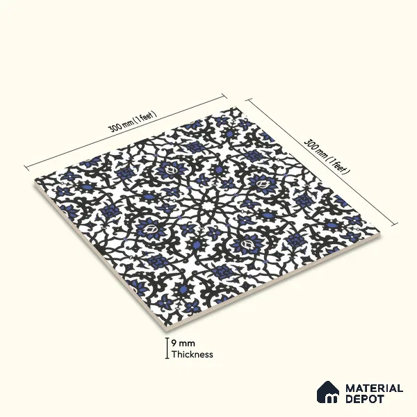 Moroccan Carpet Wall & Floor Tile TL 00203 C Centre Blue 1 ft x 1 ft Matte Finish Ceramic Tile - 9 mm | Suitable For Living Room, Kitchen, Bathroom | Please Expect a Slight Variation of Pattern