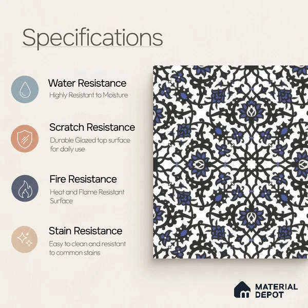Moroccan Carpet Wall & Floor Tile TL 00203 C Centre Blue 1 ft x 1 ft Matte Finish Ceramic Tile - 9 mm | Suitable For Living Room, Kitchen, Bathroom | Please Expect a Slight Variation of Pattern