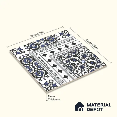 Moroccan Carpet Floor Tile TL 00203 A Corner Blue 1 ft x 1 ft Matte Finish Ceramic Tile - 9 mm | Suitable For Living Room, Kitchen, Dining Area | Please Expect a Slight Variation of Pattern
