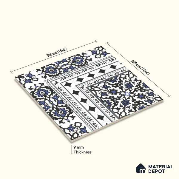 Moroccan Carpet Floor Tile TL 00203 A Corner Blue 1 ft x 1 ft Matte Finish Ceramic Tile - 9 mm | Suitable For Living Room, Kitchen, Dining Area | Please Expect a Slight Variation of Pattern