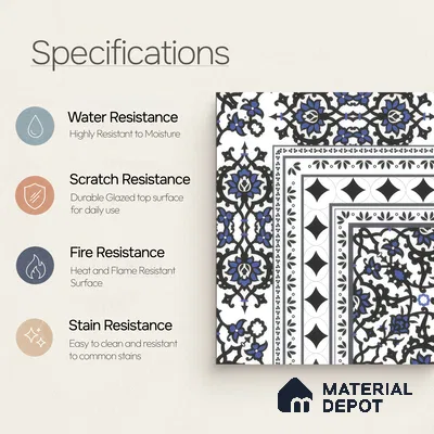 Moroccan Carpet Floor Tile TL 00203 A Corner Blue 1 ft x 1 ft Matte Finish Ceramic Tile - 9 mm | Suitable For Living Room, Kitchen, Dining Area | Please Expect a Slight Variation of Pattern