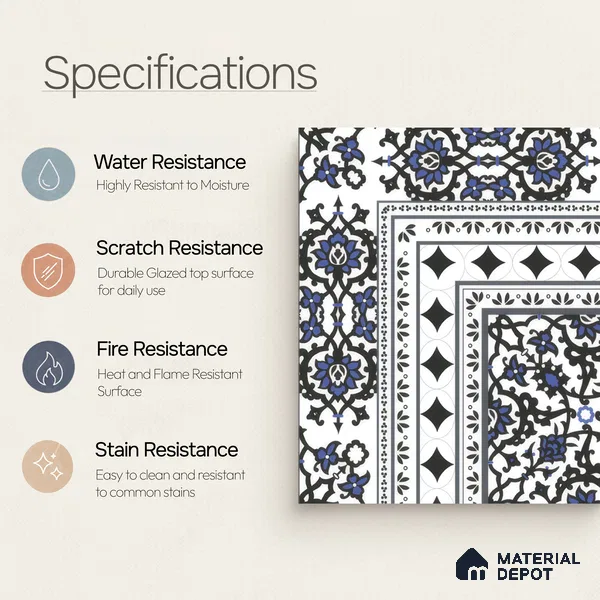 Moroccan Carpet Floor Tile TL 00203 A Corner Blue 1 ft x 1 ft Matte Finish Ceramic Tile - 9 mm | Suitable For Living Room, Kitchen, Dining Area | Please Expect a Slight Variation of Pattern