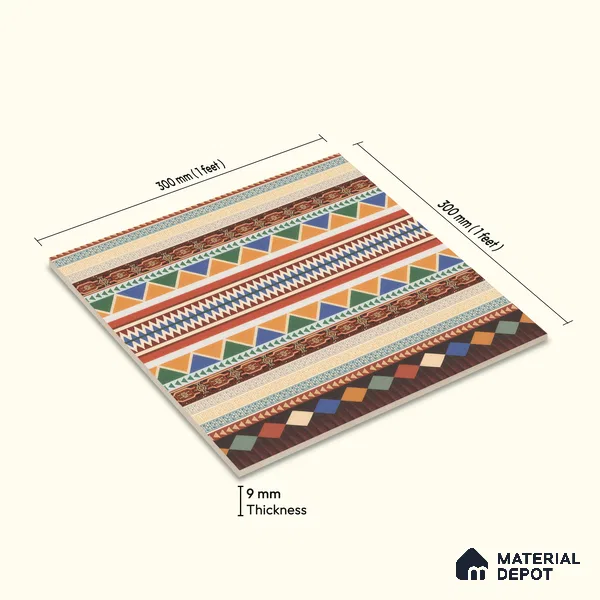 Moroccan Carpet Floor Tile TL 00204 B Border Red 1 ft x 1 ft Matte Finish Ceramic Tile - 9 mm | Suitable For Living Room, Kitchen, Dining Area | Please Expect a Slight Variation of Pattern
