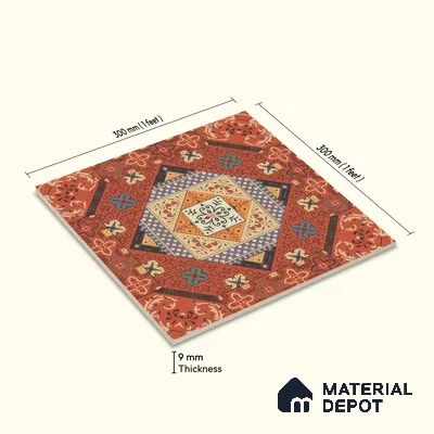 Moroccan Carpet Wall & Floor Tile TL 00204 C Centre Red 1 ft x 1 ft Matte Finish Ceramic Tile - 9 mm | Suitable For Living Room, Kitchen, Bathroom | Please Expect a Slight Variation of Pattern