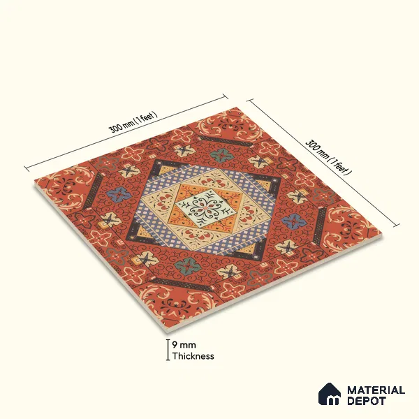 Moroccan Carpet Wall & Floor Tile TL 00204 C Centre Red 1 ft x 1 ft Matte Finish Ceramic Tile - 9 mm | Suitable For Living Room, Kitchen, Bathroom | Please Expect a Slight Variation of Pattern