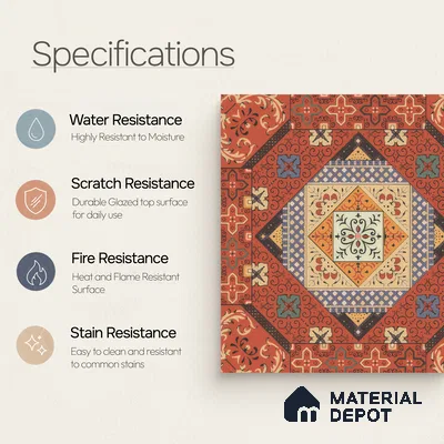 Moroccan Carpet Wall & Floor Tile TL 00204 C Centre Red 1 ft x 1 ft Matte Finish Ceramic Tile - 9 mm | Suitable For Living Room, Kitchen, Bathroom | Please Expect a Slight Variation of Pattern