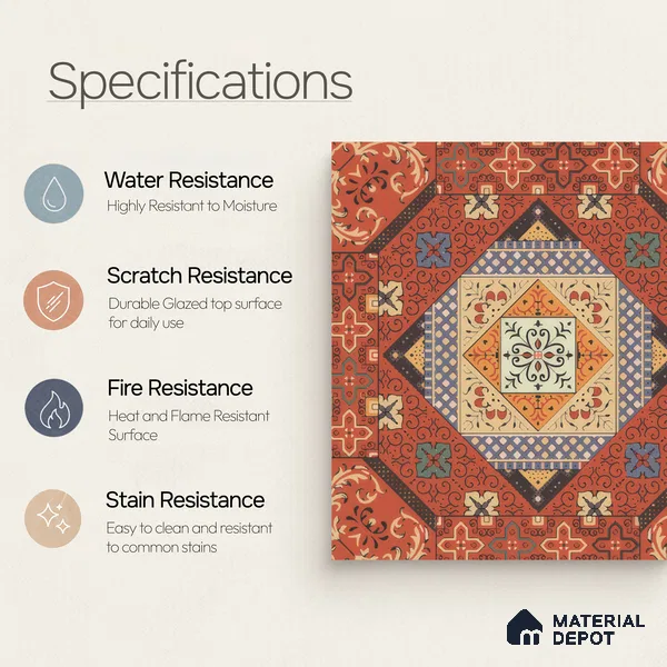 Moroccan Carpet Wall & Floor Tile TL 00204 C Centre Red 1 ft x 1 ft Matte Finish Ceramic Tile - 9 mm | Suitable For Living Room, Kitchen, Bathroom | Please Expect a Slight Variation of Pattern