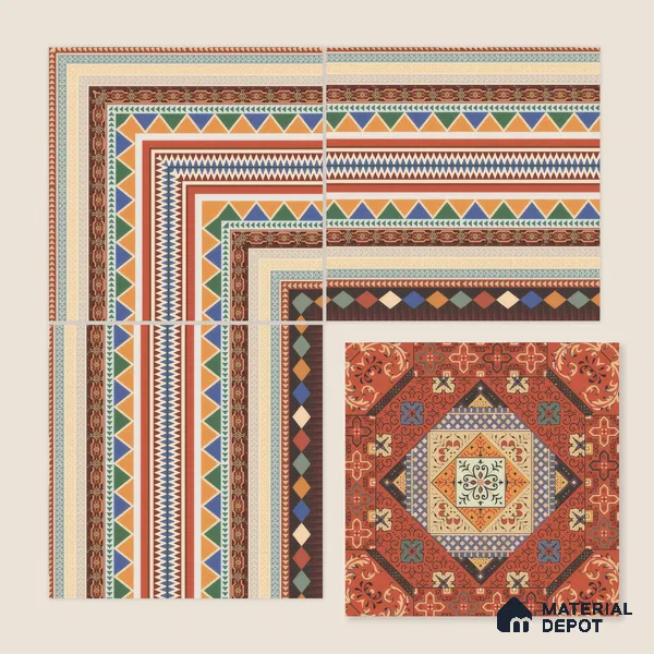Moroccan Carpet Floor Tile TL 00204 A Corner Red 1 ft x 1 ft Matte Finish Ceramic Tile - 9 mm | Suitable For Living Room, Kitchen, Dining Area | Please Expect a Slight Variation of Pattern