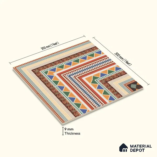 Moroccan Carpet Floor Tile TL 00204 A Corner Red 1 ft x 1 ft Matte Finish Ceramic Tile - 9 mm | Suitable For Living Room, Kitchen, Dining Area | Please Expect a Slight Variation of Pattern