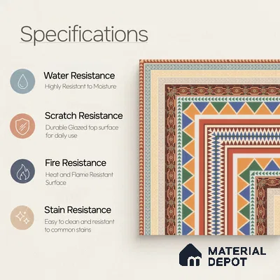 Moroccan Carpet Floor Tile TL 00204 A Corner Red 1 ft x 1 ft Matte Finish Ceramic Tile - 9 mm | Suitable For Living Room, Kitchen, Dining Area | Please Expect a Slight Variation of Pattern