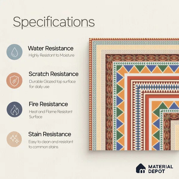 Moroccan Carpet Floor Tile TL 00204 A Corner Red 1 ft x 1 ft Matte Finish Ceramic Tile - 9 mm | Suitable For Living Room, Kitchen, Dining Area | Please Expect a Slight Variation of Pattern