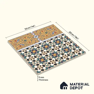 Moroccan Carpet Floor Tile TL 00205 B Border Yellow & Blue 1 ft x 1 ft Matte Finish Ceramic Tile - 9 mm | Suitable For Living Room, Kitchen, Dining Area | Please Expect a Slight Variation of Pattern