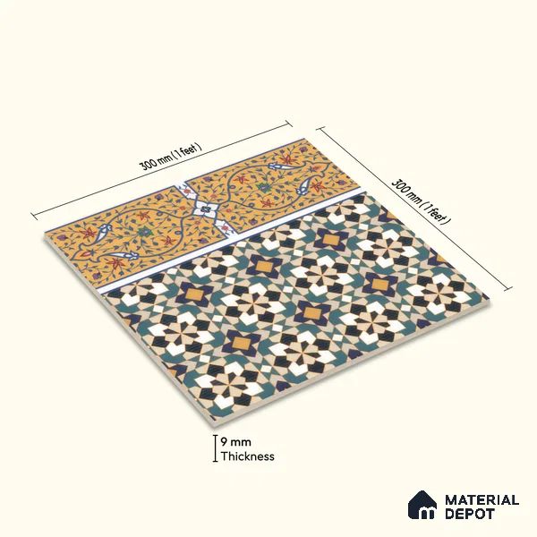 Moroccan Carpet Floor Tile TL 00205 B Border Yellow & Blue 1 ft x 1 ft Matte Finish Ceramic Tile - 9 mm | Suitable For Living Room, Kitchen, Dining Area | Please Expect a Slight Variation of Pattern