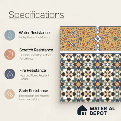 Moroccan Carpet Floor Tile TL 00205 B Border Yellow & Blue 1 ft x 1 ft Matte Finish Ceramic Tile - 9 mm | Suitable For Living Room, Kitchen, Dining Area | Please Expect a Slight Variation of Pattern