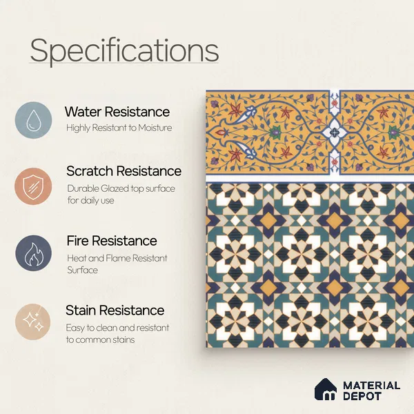 Moroccan Carpet Floor Tile TL 00205 B Border Yellow & Blue 1 ft x 1 ft Matte Finish Ceramic Tile - 9 mm | Suitable For Living Room, Kitchen, Dining Area | Please Expect a Slight Variation of Pattern