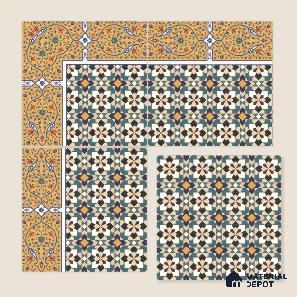 Moroccan Carpet Wall & Floor Tile TL 00205 C Centre Yellow & Blue 1 ft x 1 ft Matte Finish Ceramic Tile - 9 mm | Suitable For Living Room, Kitchen, Dining Area | Please Expect a Slight Variation of Pattern