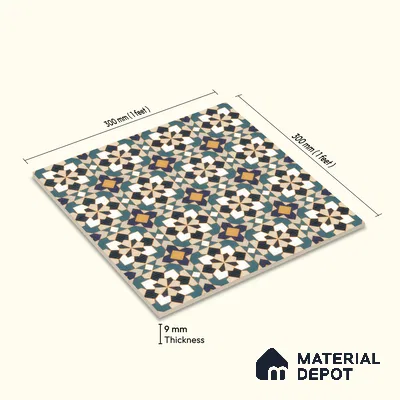 Moroccan Carpet Wall & Floor Tile TL 00205 C Centre Yellow & Blue 1 ft x 1 ft Matte Finish Ceramic Tile - 9 mm | Suitable For Living Room, Kitchen, Dining Area | Please Expect a Slight Variation of Pattern