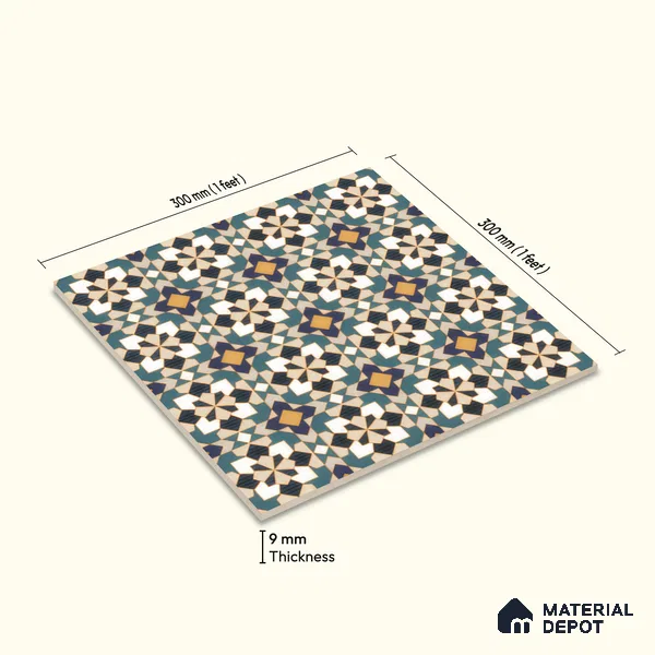 Moroccan Carpet Wall & Floor Tile TL 00205 C Centre Yellow & Blue 1 ft x 1 ft Matte Finish Ceramic Tile - 9 mm | Suitable For Living Room, Kitchen, Dining Area | Please Expect a Slight Variation of Pattern