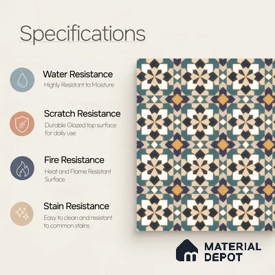 Moroccan Carpet Wall & Floor Tile TL 00205 C Centre Yellow & Blue 1 ft x 1 ft Matte Finish Ceramic Tile - 9 mm | Suitable For Living Room, Kitchen, Dining Area | Please Expect a Slight Variation of Pattern