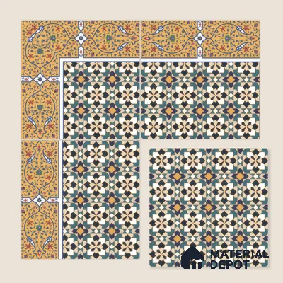 Moroccan Carpet Floor Tile TL 00205 A Corner Yellow & Blue 1 ft x 1 ft Matte Finish Ceramic Tile - 9 mm | Suitable For Living Room, Kitchen, Dining Area | Please Expect a Slight Variation of Pattern