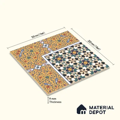 Moroccan Carpet Floor Tile TL 00205 A Corner Yellow & Blue 1 ft x 1 ft Matte Finish Ceramic Tile - 9 mm | Suitable For Living Room, Kitchen, Dining Area | Please Expect a Slight Variation of Pattern
