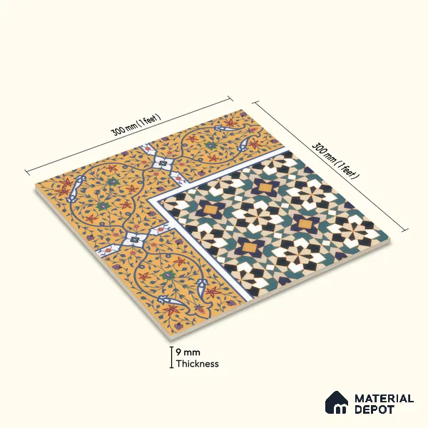 Moroccan Carpet Floor Tile TL 00205 A Corner Yellow & Blue 1 ft x 1 ft Matte Finish Ceramic Tile - 9 mm | Suitable For Living Room, Kitchen, Dining Area | Please Expect a Slight Variation of Pattern