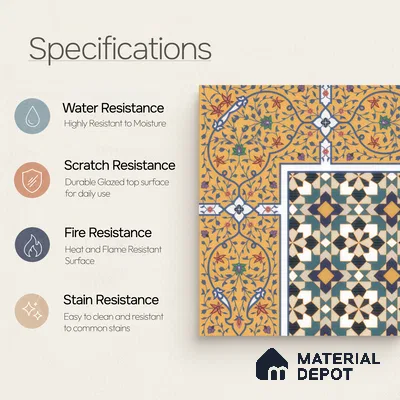 Moroccan Carpet Floor Tile TL 00205 A Corner Yellow & Blue 1 ft x 1 ft Matte Finish Ceramic Tile - 9 mm | Suitable For Living Room, Kitchen, Dining Area | Please Expect a Slight Variation of Pattern