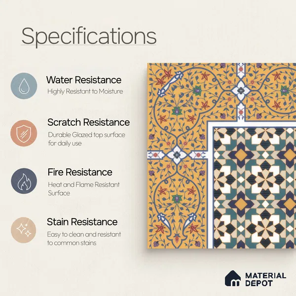 Moroccan Carpet Floor Tile TL 00205 A Corner Yellow & Blue 1 ft x 1 ft Matte Finish Ceramic Tile - 9 mm | Suitable For Living Room, Kitchen, Dining Area | Please Expect a Slight Variation of Pattern