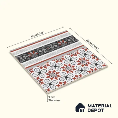 Moroccan Carpet Floor Tile TL 00206 B Border Red & White 1 ft x 1 ft Matte Finish Ceramic Tile - 9 mm | Suitable For Living Room, Kitchen, Dining Area | Please Expect a Slight Variation of Pattern