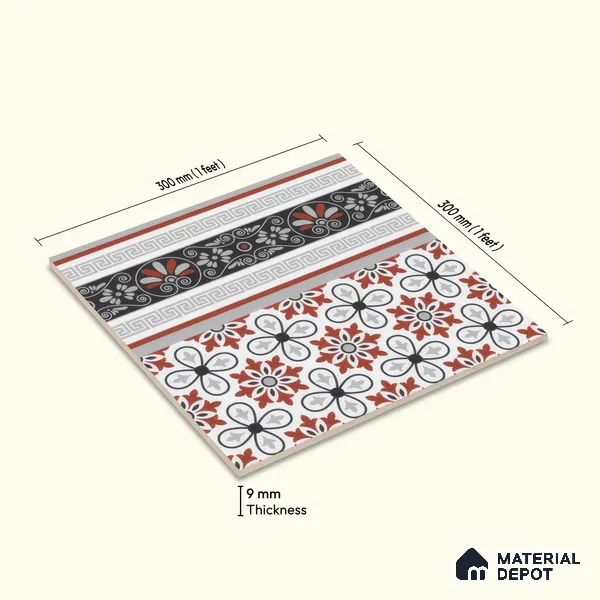 Moroccan Carpet Floor Tile TL 00206 B Border Red & White 1 ft x 1 ft Matte Finish Ceramic Tile - 9 mm | Suitable For Living Room, Kitchen, Dining Area | Please Expect a Slight Variation of Pattern