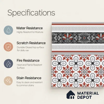 Moroccan Carpet Floor Tile TL 00206 B Border Red & White 1 ft x 1 ft Matte Finish Ceramic Tile - 9 mm | Suitable For Living Room, Kitchen, Dining Area | Please Expect a Slight Variation of Pattern