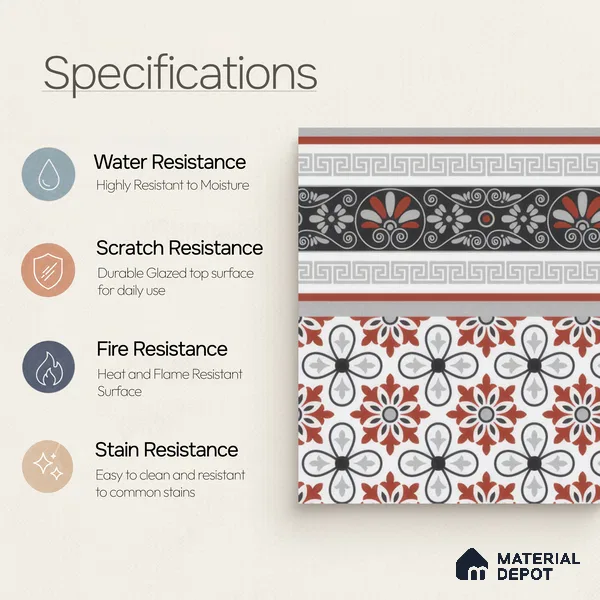 Moroccan Carpet Floor Tile TL 00206 B Border Red & White 1 ft x 1 ft Matte Finish Ceramic Tile - 9 mm | Suitable For Living Room, Kitchen, Dining Area | Please Expect a Slight Variation of Pattern