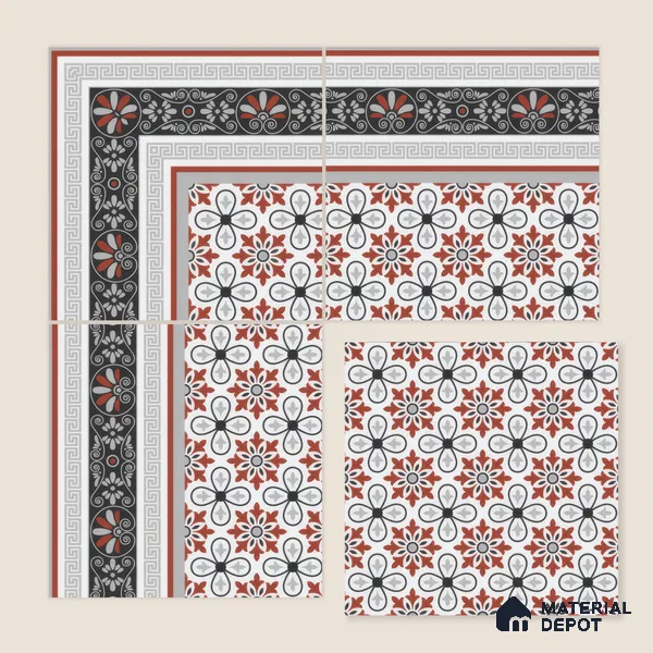 Moroccan Carpet Wall & Floor Tile TL 00206 C Centre Red & White 1 ft x 1 ft Matte Finish Ceramic Tile - 9 mm | Suitable For Living Room, Kitchen, Bathroom | Please Expect a Slight Variation of Pattern