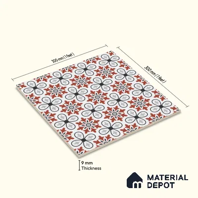 Moroccan Carpet Wall & Floor Tile TL 00206 C Centre Red & White 1 ft x 1 ft Matte Finish Ceramic Tile - 9 mm | Suitable For Living Room, Kitchen, Bathroom | Please Expect a Slight Variation of Pattern