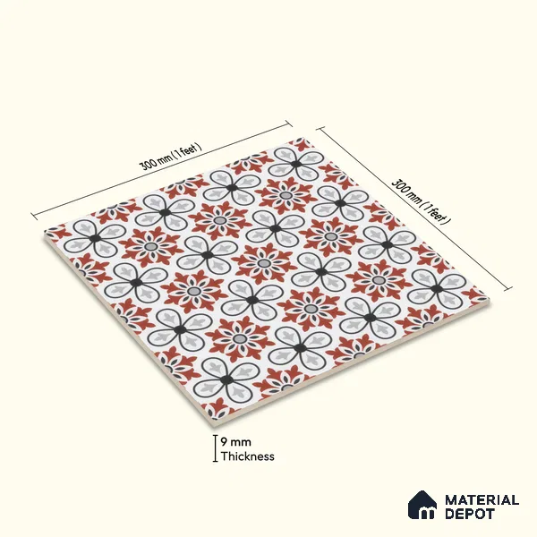 Moroccan Carpet Wall & Floor Tile TL 00206 C Centre Red & White 1 ft x 1 ft Matte Finish Ceramic Tile - 9 mm | Suitable For Living Room, Kitchen, Bathroom | Please Expect a Slight Variation of Pattern