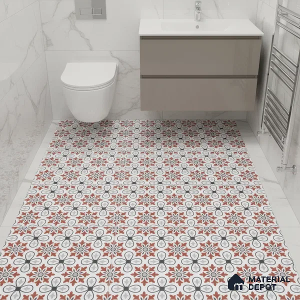 Moroccan Carpet Wall & Floor Tile TL 00206 C Centre Red & White 1 ft x 1 ft Matte Finish Ceramic Tile - 9 mm | Suitable For Living Room, Kitchen, Bathroom | Please Expect a Slight Variation of Pattern