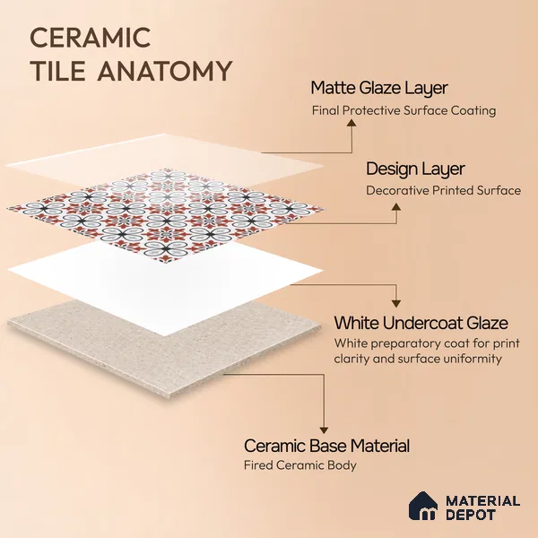 Moroccan Carpet Wall & Floor Tile TL 00206 C Centre Red & White 1 ft x 1 ft Matte Finish Ceramic Tile - 9 mm | Suitable For Living Room, Kitchen, Bathroom | Please Expect a Slight Variation of Pattern