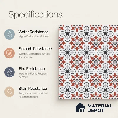 Moroccan Carpet Wall & Floor Tile TL 00206 C Centre Red & White 1 ft x 1 ft Matte Finish Ceramic Tile - 9 mm | Suitable For Living Room, Kitchen, Bathroom | Please Expect a Slight Variation of Pattern