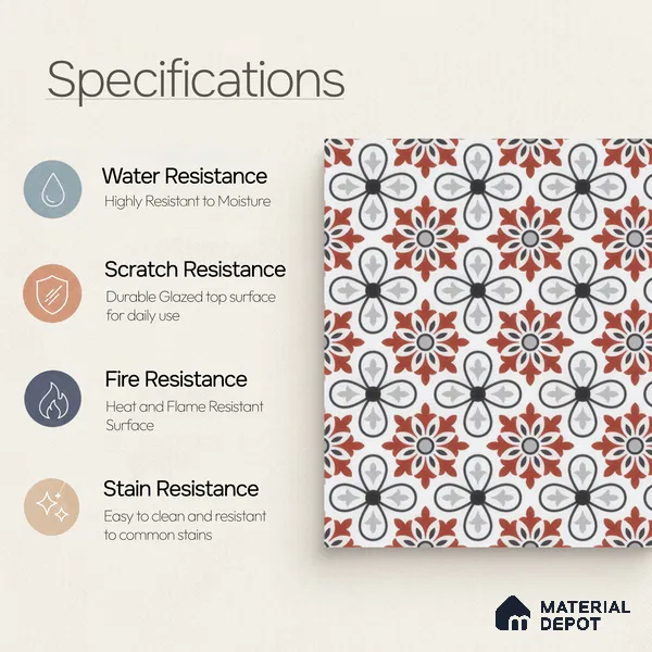 Moroccan Carpet Wall & Floor Tile TL 00206 C Centre Red & White 1 ft x 1 ft Matte Finish Ceramic Tile - 9 mm | Suitable For Living Room, Kitchen, Bathroom | Please Expect a Slight Variation of Pattern