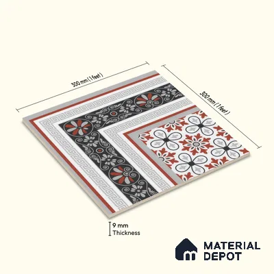 Moroccan Carpet Floor Tile TL 00206 A Corner Red & White 1 ft x 1 ft Matte Finish Ceramic Tile - 9 mm | Suitable For Living Room, Kitchen, Dining Area | Please Expect a Slight Variation of Pattern