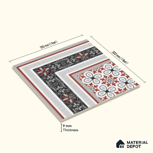 Moroccan Carpet Floor Tile TL 00206 A Corner Red & White 1 ft x 1 ft Matte Finish Ceramic Tile - 9 mm | Suitable For Living Room, Kitchen, Dining Area | Please Expect a Slight Variation of Pattern