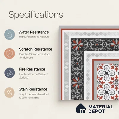 Moroccan Carpet Floor Tile TL 00206 A Corner Red & White 1 ft x 1 ft Matte Finish Ceramic Tile - 9 mm | Suitable For Living Room, Kitchen, Dining Area | Please Expect a Slight Variation of Pattern