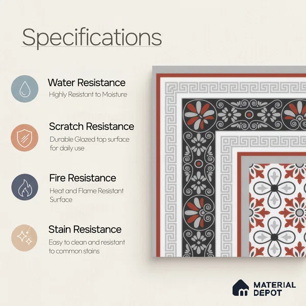 Moroccan Carpet Floor Tile TL 00206 A Corner Red & White 1 ft x 1 ft Matte Finish Ceramic Tile - 9 mm | Suitable For Living Room, Kitchen, Dining Area | Please Expect a Slight Variation of Pattern