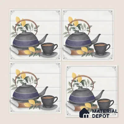 Kitchen Wall Tile TL 00209 B Highlighter 1 Kettle Tea Cup 1 ft x 1 ft Matte Finish Ceramic Tile - 9 mm | Suitable For Kitchen Backsplash | Please Expect a Slight Variation of Pattern