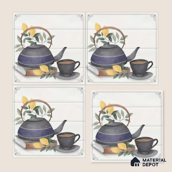 Kitchen Wall Tile TL 00209 B Highlighter 1 Kettle Tea Cup 1 ft x 1 ft Matte Finish Ceramic Tile - 9 mm | Suitable For Kitchen Backsplash | Please Expect a Slight Variation of Pattern